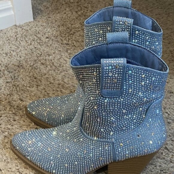 Forever River Denim Blue Gem/Bling Cowboy Western Ankle Boots Women's 6 1/2 - Picture 1 of 5